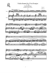 Mozart - Violin Sonata No.23 in D major or Violin and Piano - Score and Part