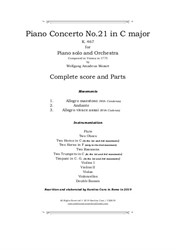 Mozart - Piano Concerto No.21 in C major for Piano solo and Orchestra - Score and Parts